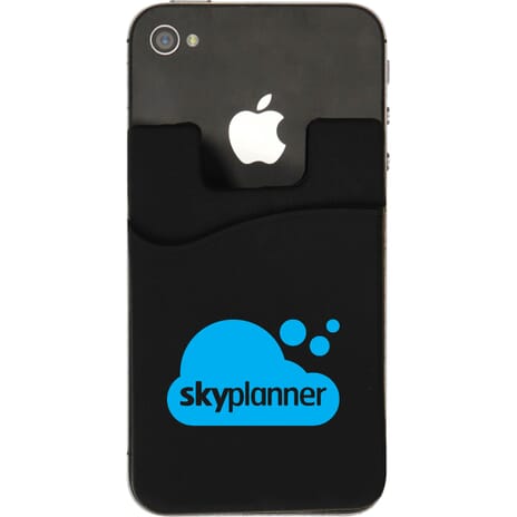 Black silicone phone wallet with blue logo attached to a black iPhone.
