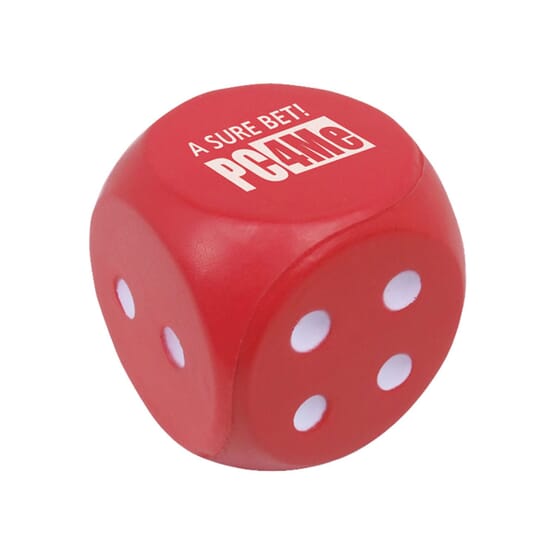 Red stress reliever with white logo shaped like a board game die