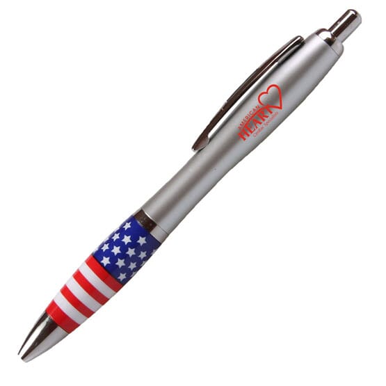 Silver pen with red logo and an American flag-print grip.