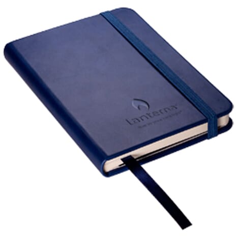 Dark blue faux leather journal with debossed logo and ribbon bookmark