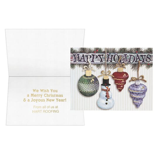 Hanging Ornaments With Snowman Greeting Card