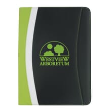Black, white and green padfolio with green logo