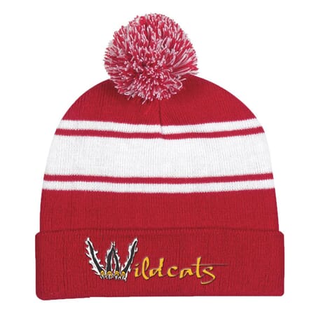red and white knit pom beanie with embroidered logo