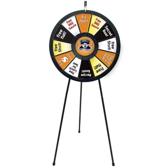 Prize wheel mounted on tripod stand with black and white logo in center