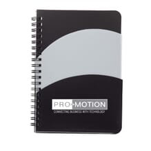 Black and gray spiral-bound notebook with logo