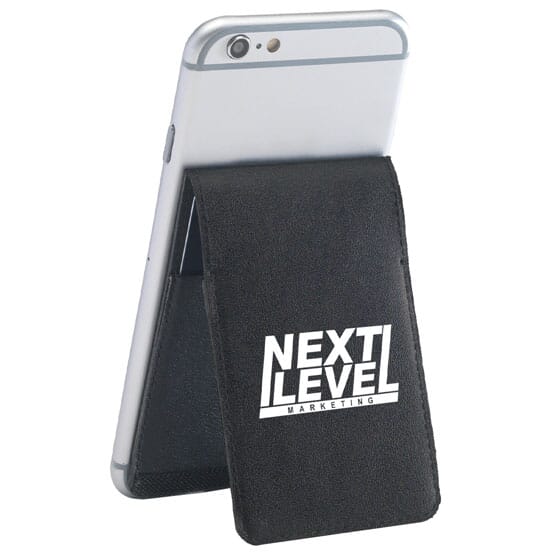 Black phone wallet with white logo acting as a stand for a iPhone.