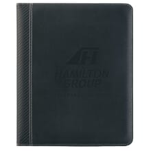 Black padfolio with carbon fiber spine and debossed logo