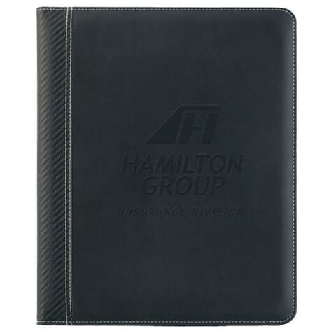 Black padfolio with carbon fiber spine and debossed logo