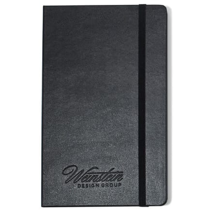 Black faux leather notebook with debossed logo