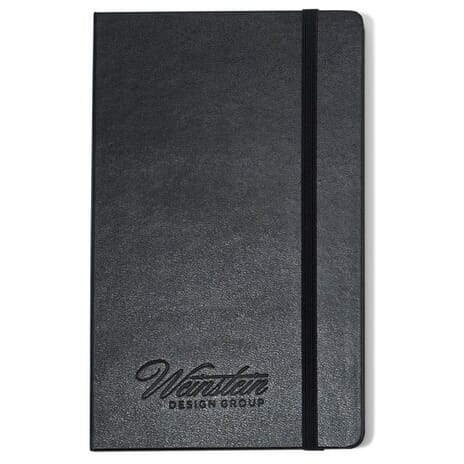 Black faux leather notebook with debossed logo
