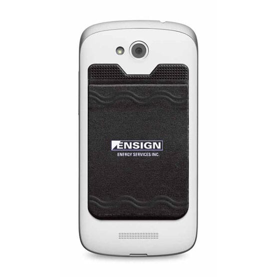 Black spandex phone wallet with white logo attached to the back of a white smartphone.