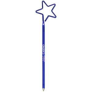 Blue pen with white logo and a 3D star shape