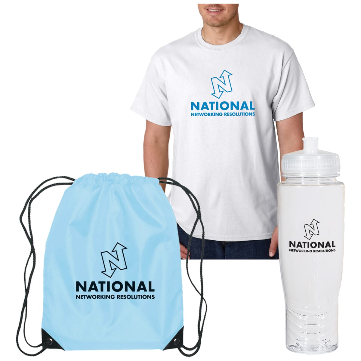 Set of blue, white and black color-coordinated t-shirt, water bottle and drawstring backpack