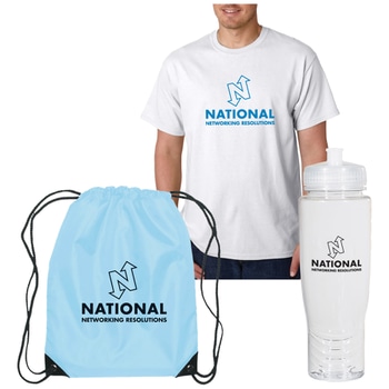 Set of blue, white and black color-coordinated t-shirt, water bottle and drawstring backpack