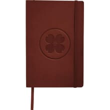 Brown faux leather journal with debossed logo and beige bookmark
