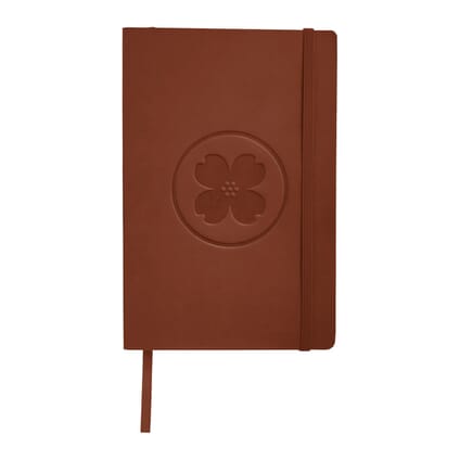 Brown faux leather journal with debossed logo and beige bookmark