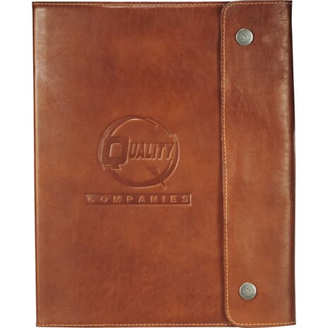 Brown leather notebook with debossed logo and snap closure