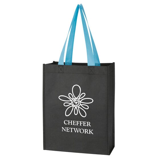 Black tote bag with blue handles and white logo