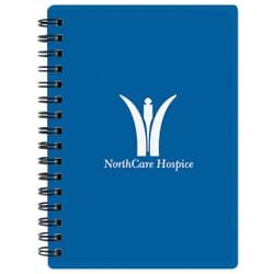 Blue spiral-bound notebook with dark blue logo