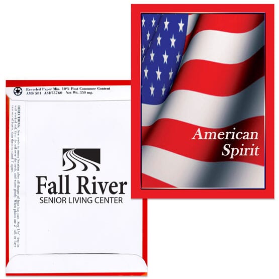 Seed packet with image of American flag and a black logo.