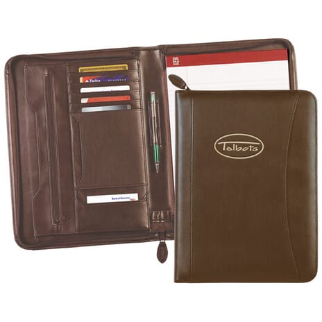 Brown faux leather padfolio with beige logo