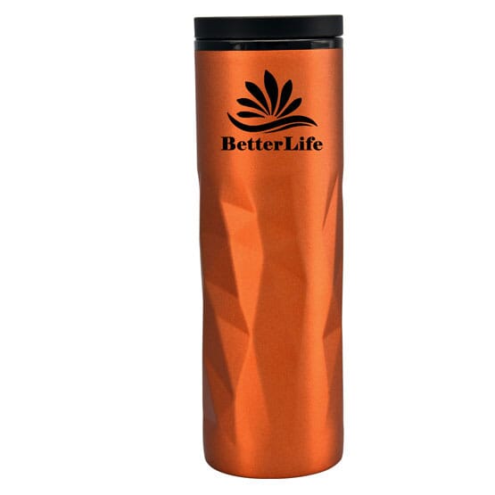 Stainless steel tumbler with black logo and plastic lid