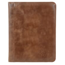 Brown leather padfolio with debossed logo