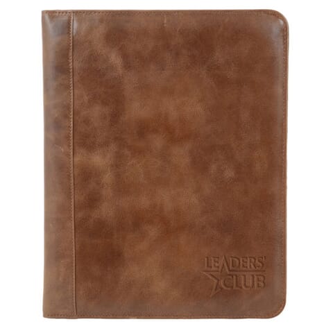 Brown leather padfolio with debossed logo