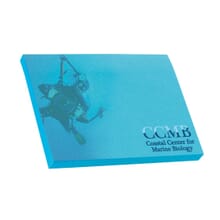Bright blue adhesive notepad with dark blue logo and image