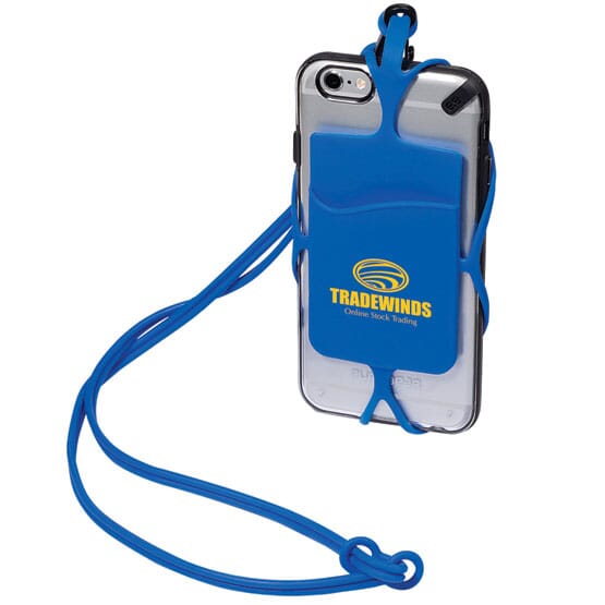 Blue silicone phone wallet with yellow logo and matching lanyard attached to the back of a silver iPhone.