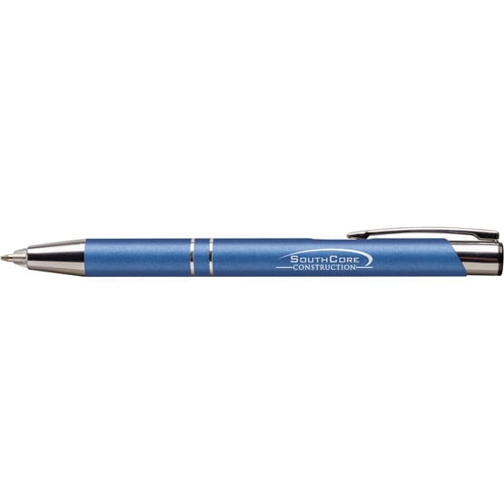 Blue metal pen with engraved company logo