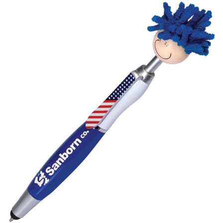 red white and blue smiley face novelty pen with logo