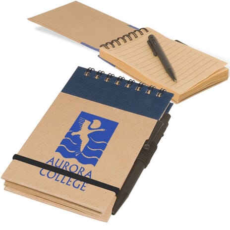 Brown cardboard spiral-bound notepad with blue logo and attached pen