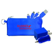 Blue tech charging accessory kit in stretchy bag