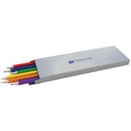 Colored pencils in white box with blue logo