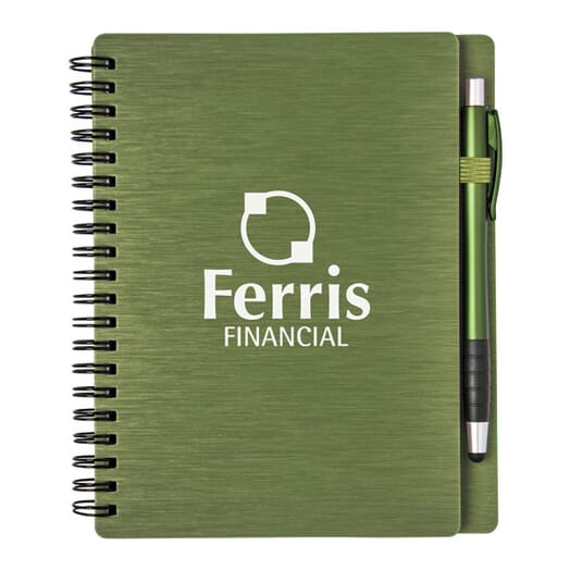 Olive green notebook with textured metallic cover