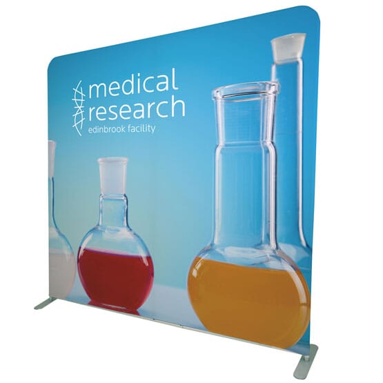 Fabric display wall imprinted with a white logo and full color background image