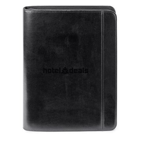 Black faux leather padfolio with debossed logo