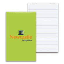 Bright green jotter with blue and orange logo
