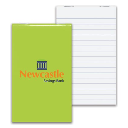 Bright green jotter with blue and orange logo