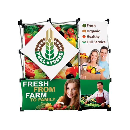 Metal display frame holding five full color banners