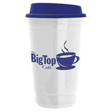 Blue and white reusable coffee mug