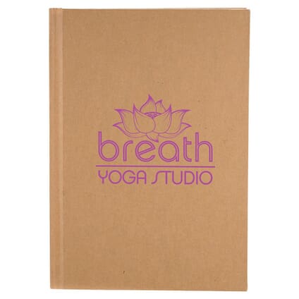 Brown notebook with pink logo