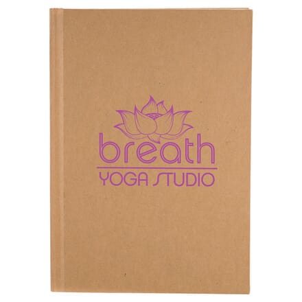 Brown notebook with pink logo