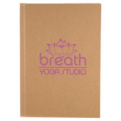 Brown notebook with pink logo