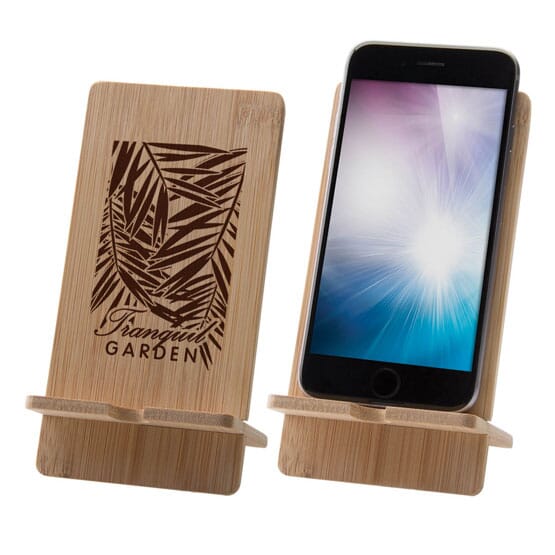 Bamboo phone and tablet stand with laser engraved logo