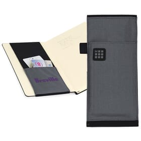 Grey Moleskine carry-all with beige lining and purple logo