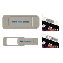 Silver webcam cover with company logo