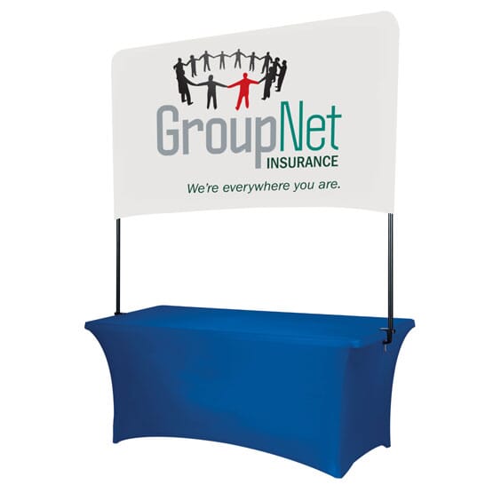 Blue stretchy table covering and attached raised white banner, imprinted with a multicolored logo