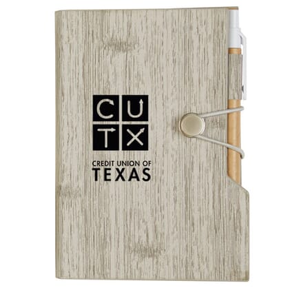 Woodgrain-look notebook with black logo and attached pen